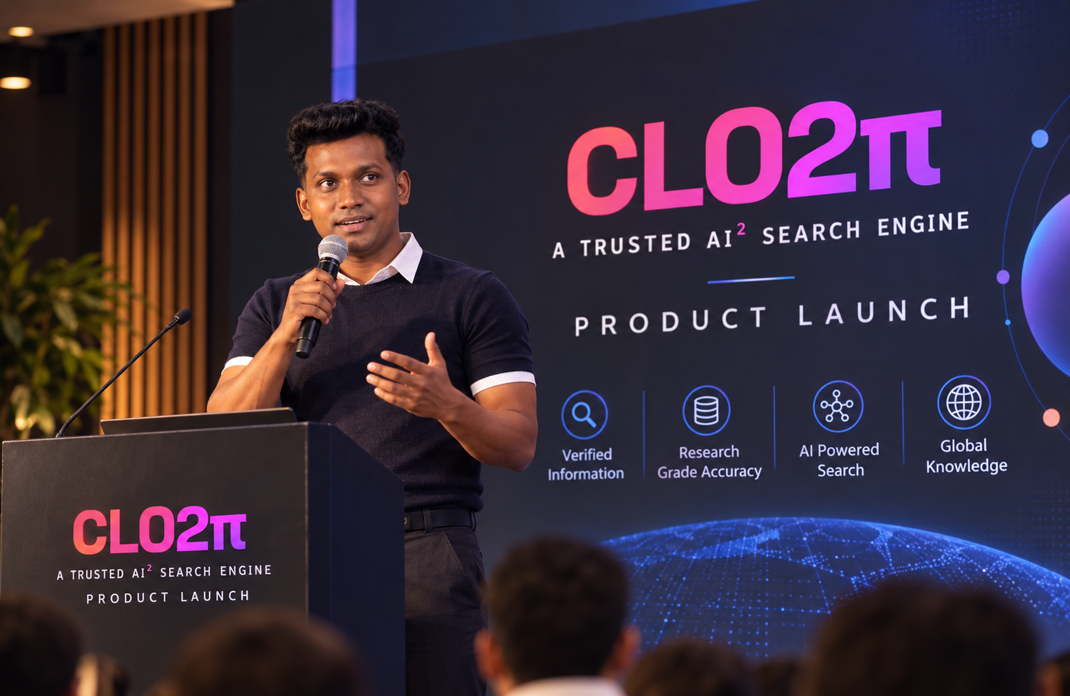 CLO2π's founder speaking at a podium during the CLO2π Product Launch Day, with the CLO2π AI² Search Engine branding displayed on stage behind him.